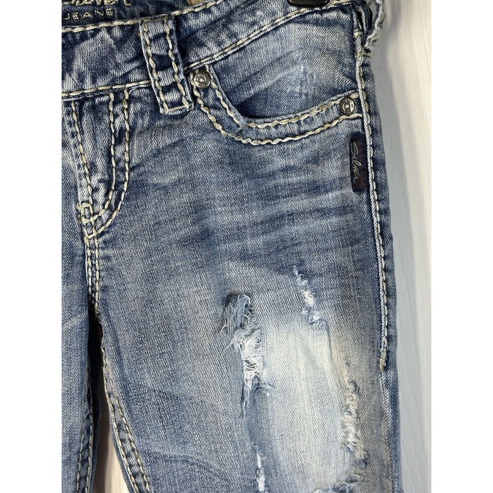 Silver Jeans Women’s 27/33 Tuesday Bootcut Flare Low-Rise Distressed Blue Denim - Picture 7 of 16